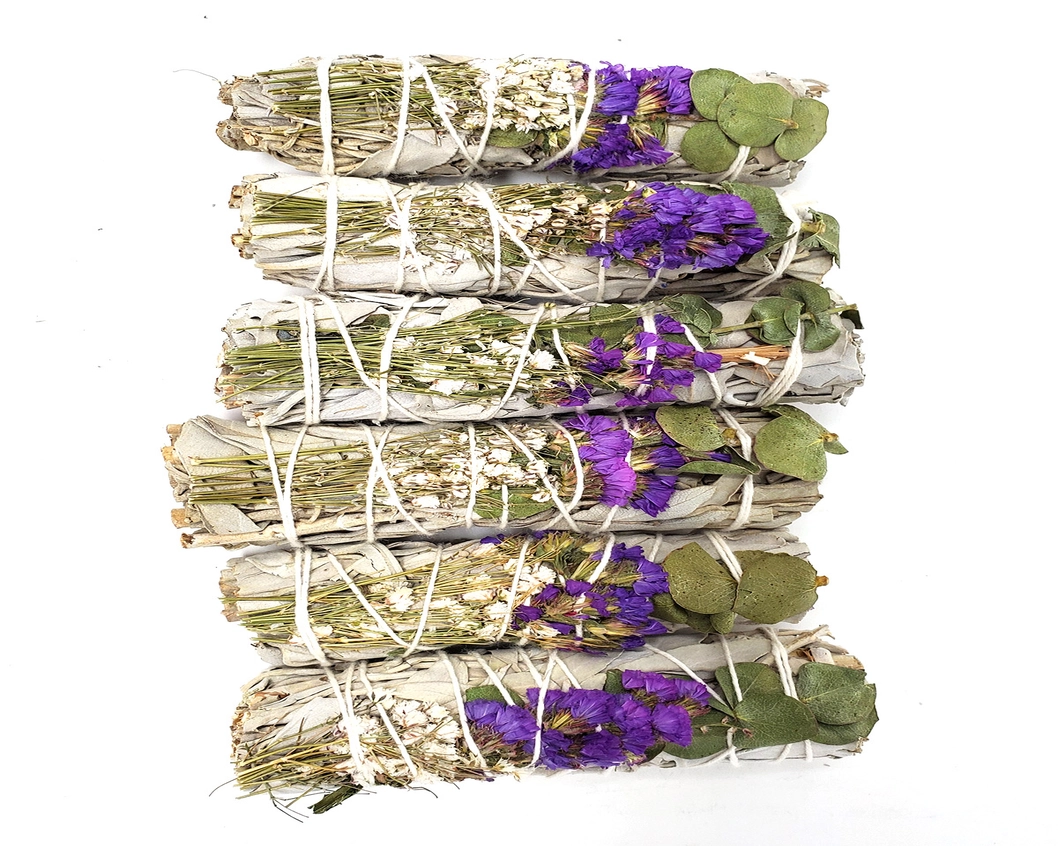 Protection California White Sage Smudge Stick with Eucalyptus & Purple Statice Flower & Lavender