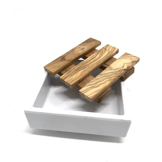 White Soap Dish 7.5 X 7.5 cm Melamine Olive Wood Inlay