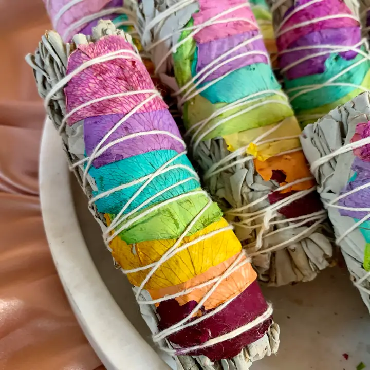 White Sage with 7 Color Rose Petals Smudge Stick